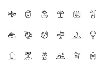 Fototapeta premium Line travel icons featuring airplane window backpack umbrella calendar cocktail boat globe signpost