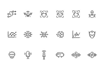 Line icons technology artificial intelligence including robots drones graphs face recognition