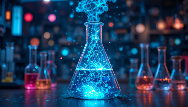Glowing Erlenmeyer flask shows scientific experiments with blue light and futuristic technology in a research laboratory for science development.