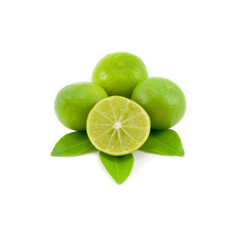 Whole fresh lime fruit and sliced half with vivid green rind and juicy pulp, isolated on white –...