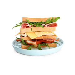 Classic club sandwich triple layered with turkey, bacon, lettuce, tomato, cheese and mayo, cut...