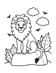 King Lion In Wild Jungle Scene Outline