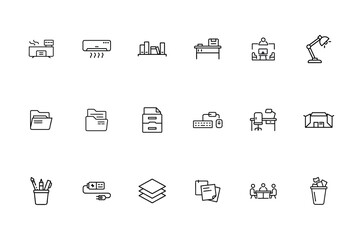 Line art office icons including printer air conditioner bookshelves desk lamp folders desk computer