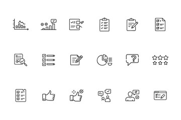 Line icons charts checklists thumbs up speech bubbles rating stars on graph checkmark