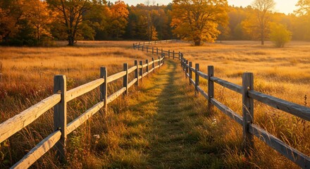 Fototapeta premium Golden Hour Autumn Landscape: Winding Fence, Trees, and Warm Sunlight.