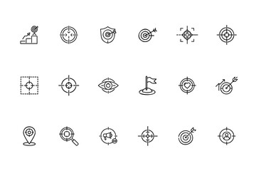 Line icons targets goals including arrows bullseyes eye flag location magnifying glass person