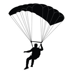 Silhouette of a person skydiving with a black parachute against a white background
