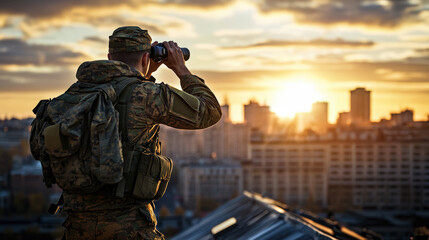 Back view of soldier scanning urban skyline with binoculars at dusk