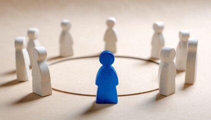 Obraz premium Blue wooden figure representing a leader at the center of a circle of white figures, symbolizing teamwork, individuality, and effective management.