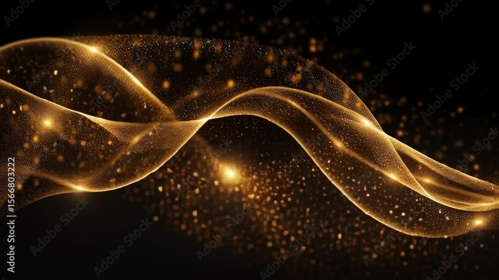 Poster Golden Wave Serenity: An abstract, luminous golden wave gracefully cascades across a dark canvas, evoking a sense of flowing energy and ethereal beauty, enhanced by sparkling particles.