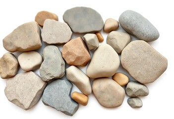 Variety of smooth, rough, and textured rocks isolated on pure white,  white background,  brown