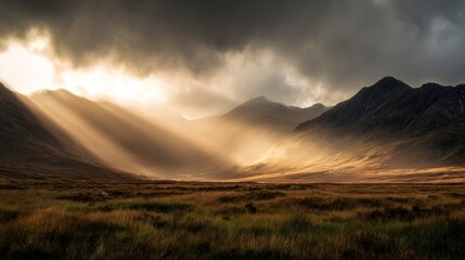 Dramatic landscape of mountains and sunbeams illuminating a valley