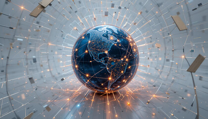Glowing digital earth dominates this abstract network, highlighting global connectivity and technological advancement.