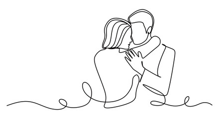 continuous line art of a pair of man and woman in a dress and suit having a wedding reception and embracing. wedding concept. this icon is for invitation cards and wall decorations.