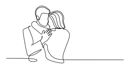 continuous line art of a pair of man and woman in a dress and suit having a wedding reception and embracing. wedding concept. this icon is for invitation cards and wall decorations.