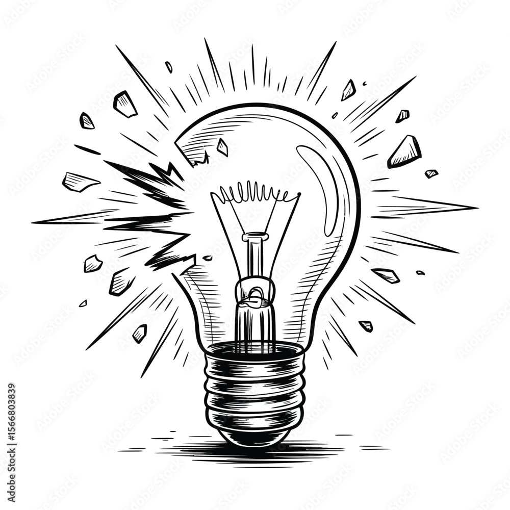 Poster broken incandescent light bulb exploding with light rays and fragments