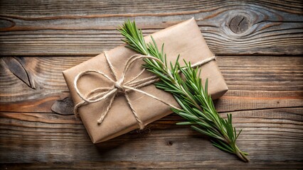 A rustic gift is wrapped in brown paper, tied with twine, and adorned with a sprig of rosemary, resting on a wooden surface