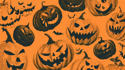 fractured iconography. | sharp edge masking | mid-century advertising | brutalist graphics | Set of silkscreen print illustrations of halloween pumpkins (jack-o-lanterns) with various expressions on