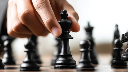 Strategic move a hand making a decisive play with the black king in a chess game