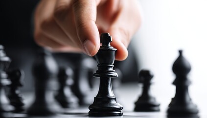 A hand strategically moves a black king chess piece on a chessboard, symbolizing the concept of strategic decision-making, business planning, and leadership in a competitive environment.