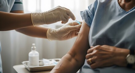 Obraz premium Medical Professional Administering Vaccine to Patient Arm in Clinic Setting