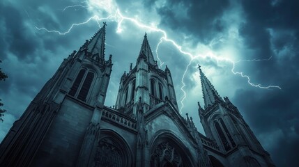 Gothic cathedral under a dramatic storm.  Towering spires pierce a stormy sky filled with jagged lightning bolts.  A historical structure, bathed in the dramatic light of a tempestuous evening