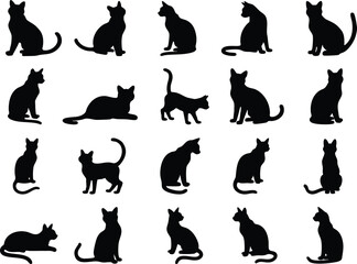 Set of black cat silhouettes and pet icons in vector style
