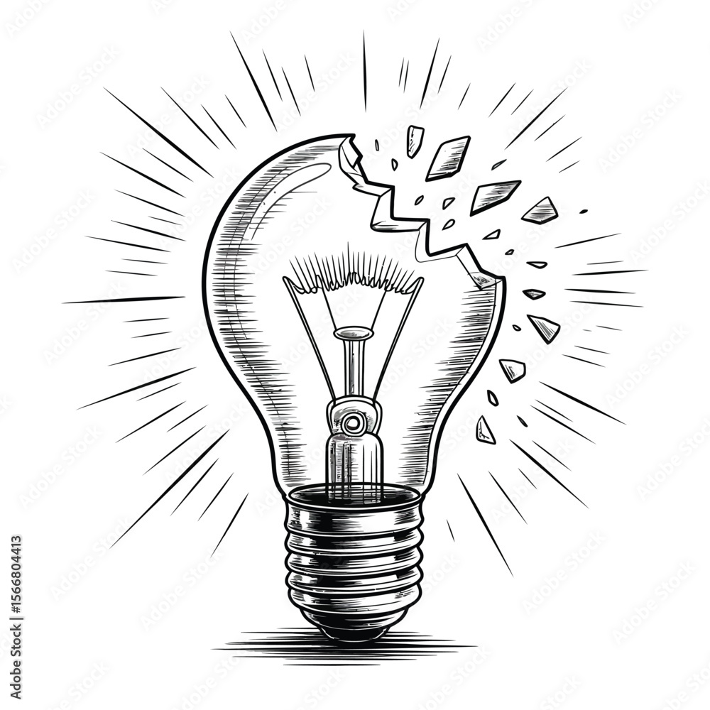 Poster broken light bulb exploding with light rays symbolizing a failed idea