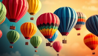 Naklejka premium Colorful paper hot air balloons ascending against a vibrant backdrop, children, celebration