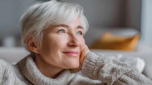 Silverhaired woman in a sweater gazing upward with a gentle smile and head resting on her hand - Powered by Adobe