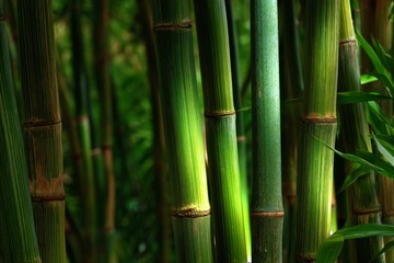 Vibrant green bamboo stalks in a tranquil forest, a natural background symbolizing zen, growth, and serenity.