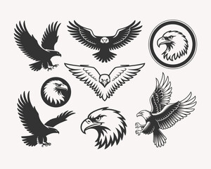Naklejka premium Black and White Eagle Illustration Collection Featuring Bold Eagles in Flight, Circular Designs, and Fierce Eagle Heads