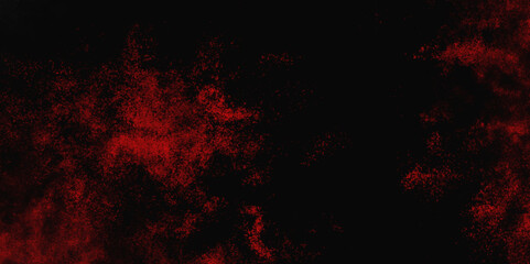 Red color powder explosion isolated on black background. Colorful dust explode. Paint Holi, dust particles splash. Network concept with spray. Futuristic technology element. 3D rendering.