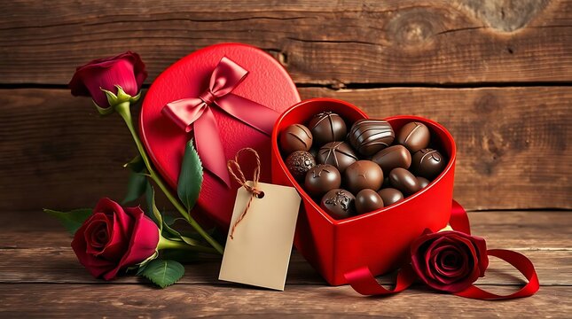A heartshaped box of chocolates sits next to two red roses on a wooden background