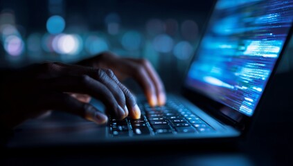 Coding and Data Processing A Close-up of Hands on a Laptop Keyboard
