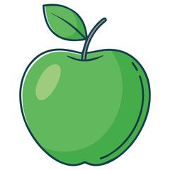 Green apple fruit with leaf in flat vector drawing illustration
