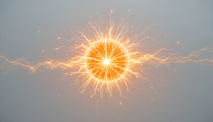 Obraz premium Golden energy ball radiates powerful light, generating glowing electricity and sparking lightnings on a subtle gradient background.