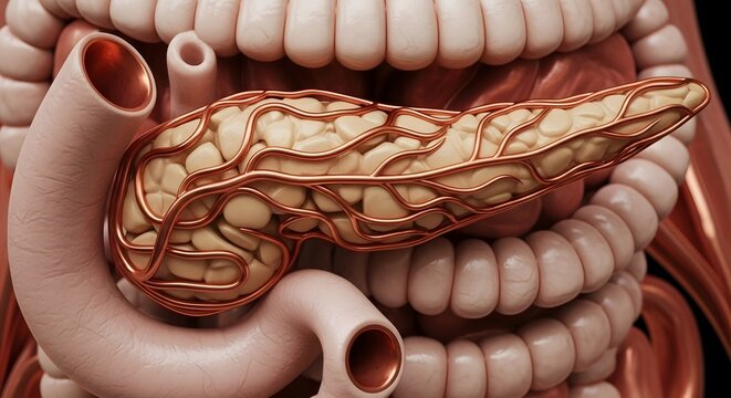 Anatomical Model of Human Digestive System with Emphasis on Pancreas and Intestines in Medical Illustration Style