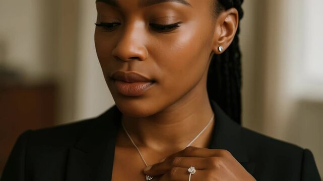Close-up portrait of a woman in a black blazer, captured at eye level. The style is professional, suitable for a corporate video or profile. - Powered by Adobe
