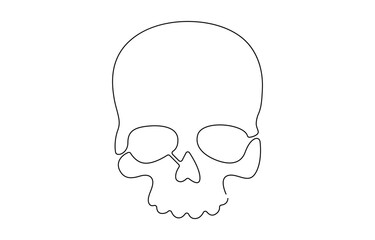 Human scull. One line continuous Halloween skull isolated on white background, continuous line of skull and crossed bones.one line drawing sign of horror, danger.