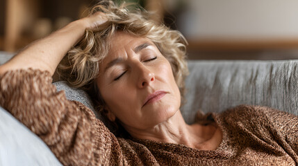 Woman lying on a couch eyes closed resting hand on head