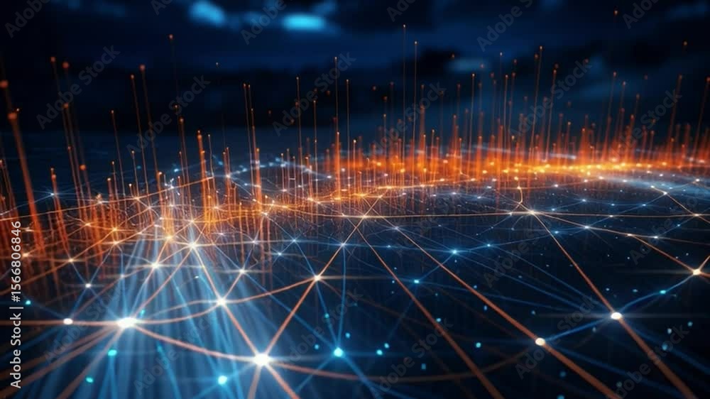Poster Abstract Digital Grid: A mesmerizing digital grid with glowing lines and nodes, representing the interconnectedness of data and technology in a futuristic landscape.