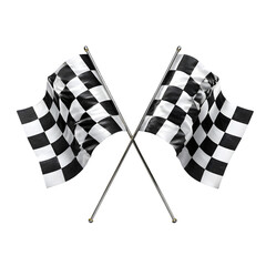 Two crossed checkered flags waving gently isolated on transparent background for racing victory celebration