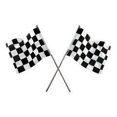 Fototapeta premium Two crossed checkered racing flags waving gently on silver poles isolated on transparent background