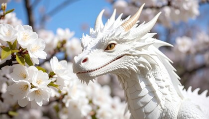 Obraz premium White dragon amidst cherry blossoms, serene and majestic