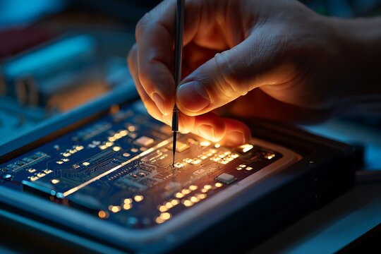 Close up of a skilled technician carefully repairing a complex electronic circuit board with precise tools under bright focused lighting highlighting intricate components and pathways