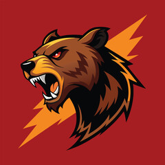 Roaring Angry Bear Head Illustration with Lightning Background. Fierce Wildlife Animal Logo Mascot for Sports, Gaming, and Tattoo Design
