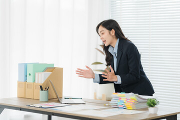 Businesswoman Explaining Project in Office: An attractive business woman stands in a modern office,...