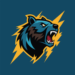Roaring Angry Bear Head Illustration with Lightning Background. Fierce Wildlife Animal Logo Mascot for Sports, Gaming, and Tattoo Design