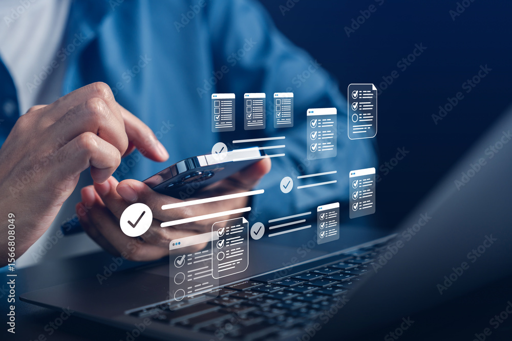 Poster Online survey and digital checklist form, user interaction with form filling and ticking boxes, feedback system, data analysis, and productivity apps.